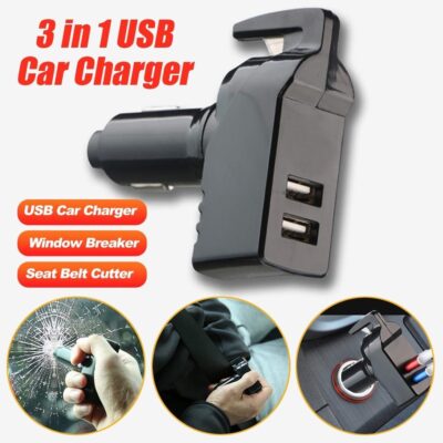 3-in-1 Car Emergency Escape Tool USB Charger Seat Belt Windbreaker Cutter Ports Hammer Dual Window with Usb